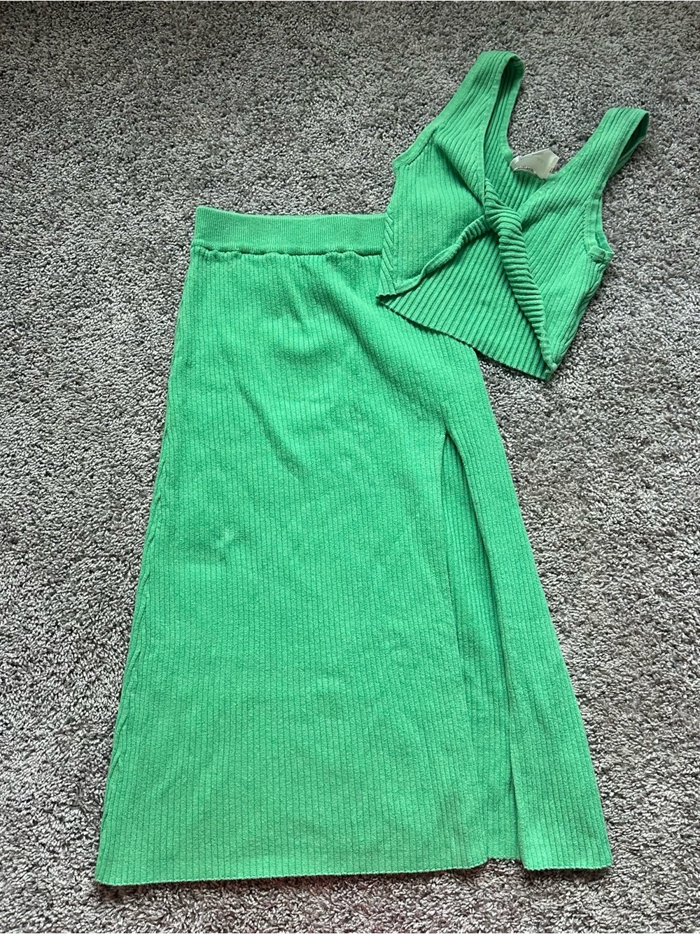 Line & Dot Green Ribbed Knit Skirt Set with Twist Tank